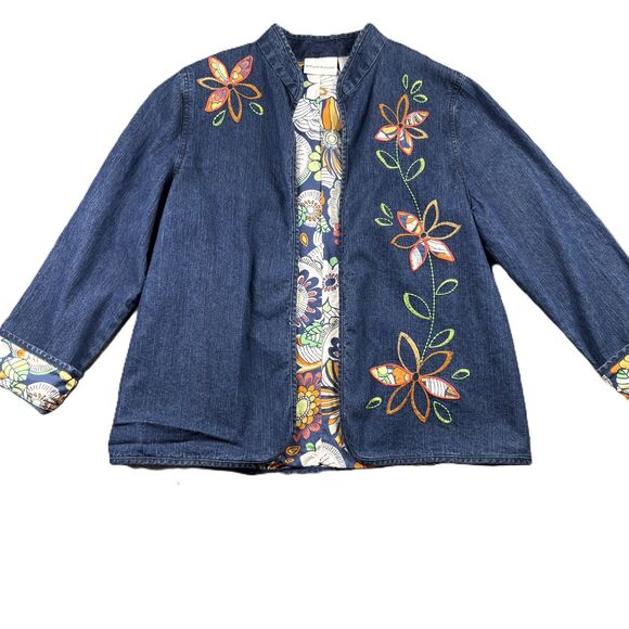 Alfred Dunner Jacket Women Floral Denim Collared Open Front Casual Embroidered 8 - Picture 1 of 8